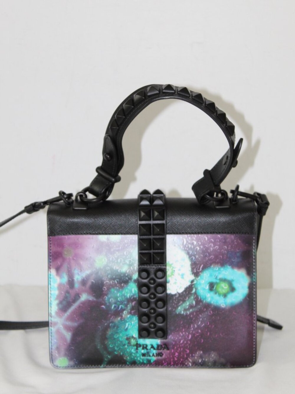 PRADA City Lights Elektra Shoulder Bag Saffiano Leather Studded Top Handle